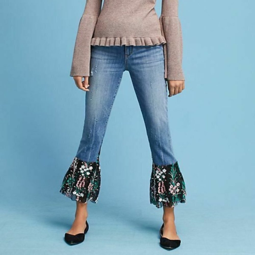 Anthropologie Pilcro Flare Floral Lace Hem Jeans